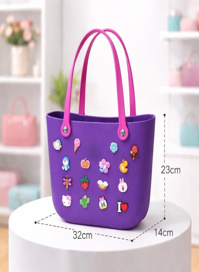 RAMNATH IMPEX Trendy Fashion Purple EVA Rubber Tote Bag for Women & Girls | Soft, Waterproof Lightweight Rubber Handbag with Cartoon Charms | Stylish Shoulder Carry Bag for College, Shopping, Travel & Casual Use. - Image 2